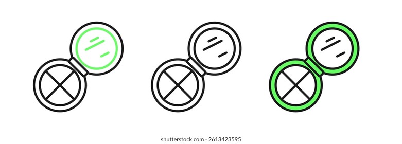 Set line Makeup powder with mirror icon isolated on white background.  Vector