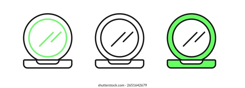 Set línea de maquillaje en polvo con icono de espejo aislado sobre fondo blanco.  Vector
