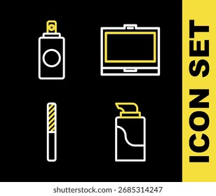 Set line Makeup powder with mirror, Cream cosmetic tube, Nail file and Spray can icon. Vector