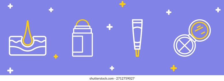 Línea de maquillaje en polvo con espejo, tubo cosmético de loción crema, rollo desodorante e icono de folículo de cabello humano. Vector