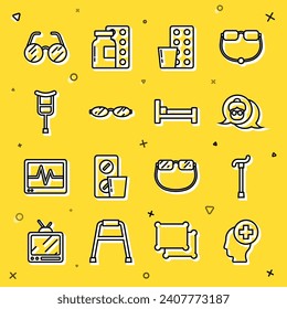Set line Male head with hospital, Walking stick cane, Grandmother, Pills blister pack, Eyeglasses, Crutch or crutches,  and Bed icon. Vector svg
