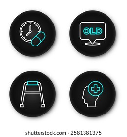 Set line Male head with hospital, Walker, Nursing home and Medicine pill or tablet icon. Vector