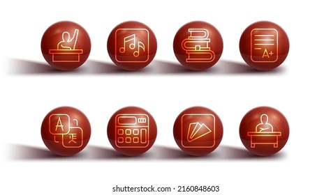 Set line Male kid raising hand, Translator, Exam sheet with A plus grade, Paper airplane, Calculator, Music note, tone, Schoolboy sitting desk and Book icon. Vector