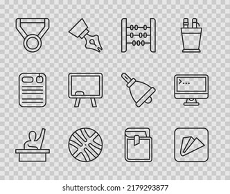 Set line Male kid raising hand, Paper airplane, Abacus, Basketball ball, Medal, Chalkboard, Book and Computer monitor icon. Vector