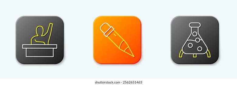 Set line Male kid raising hand, Pencil with eraser and Test tube flask icon. Vector