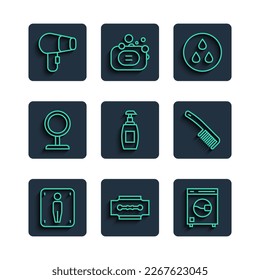 Set line Male toilet, Blade razor, Washer, Water drop, Bottle of liquid soap, Round makeup mirror, Hair dryer and Hairbrush icon. Vector