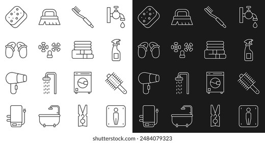 Set line Male toilet, Hairbrush, Cleaning spray bottle, Toothbrush, Water tap, Flip flops, Sponge and Towel stack icon. Vector