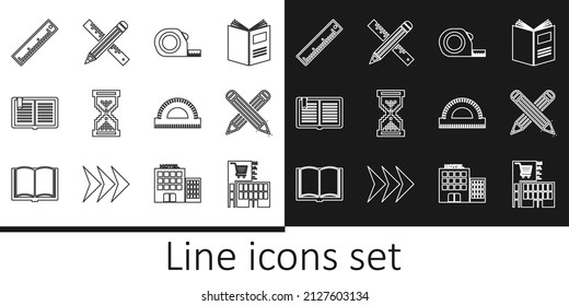 Set line Mall or supermarket building, Crossed pencil, Roulette construction, Hourglass pixel, Open book, Ruler, Protractor grid and ruler and icon. Vector