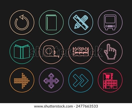 Set line Mall or supermarket building, Pixel hand cursor, Crossed ruler pencil, Roulette construction, Open book, Refresh, Measuring height length and Book icon. Vector