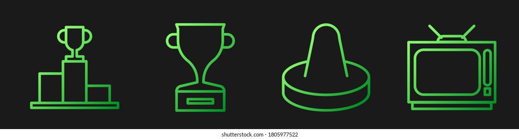 Set line Mallet for playing air hockey, Hockey over sports winner podium, Award cup and Retro tv. Gradient color icons. Vector