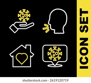 Set line Man coughing, Corona virus on location, House with heart inside and Hand icon. Vector