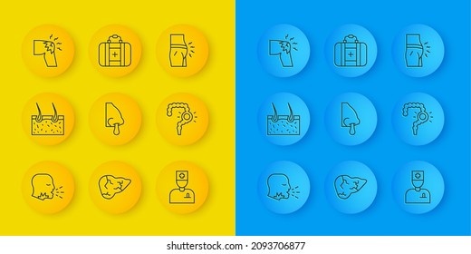 Set line Man coughing, Hair covering skin, Runny nose, Male doctor, Gut constipation, Joint pain, knee pain, Abdominal bloating and First aid kit icon. Vector