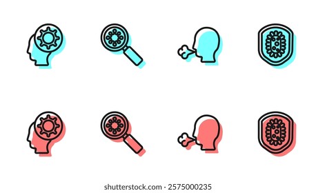 Set line Man coughing, Human and virus, Virus under magnifying glass and Shield protecting from icon. Vector