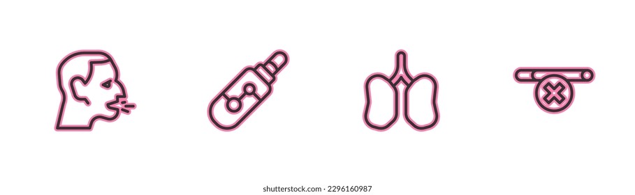 Set line Man coughing, Lungs, Electronic cigarette and No smoking icon. Vector