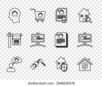 Set Line Man Dreaming About Buying House, House With Dollar, Contract, Key, Hanging Sign For Rent, Under Protection And Sale Icon. Vector