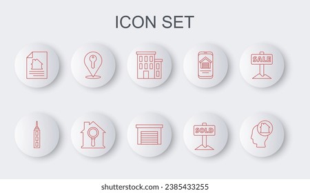 Set line Man dreaming about buying house, Skyscraper, House, Hanging sign with text Sold, contract, Location key, Search and Garage icon. Vector