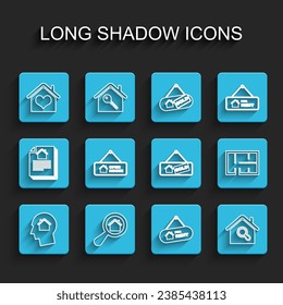 Fijar línea Hombre soñando con comprar casa, Buscar, Casa con forma de corazón, Cartel de Colgar para alquiler, Abrir, planear y vender icono. Vector