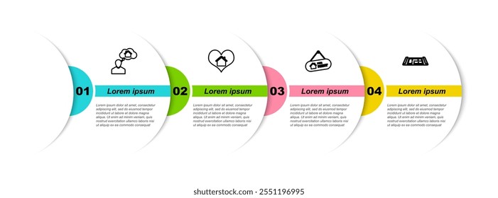 Set line Man dreaming about buying house, House with heart shape, Hanging sign For Rent and plan. Business infographic template. Vector