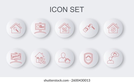 Set line Man dreaming about buying house, Hanging sign with Sold, House percant, under protection, key, For Rent,  and Realtor icon. Vector