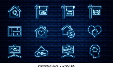 Set line Man dreaming about buying house, House with heart shape, Hanging sign Open, plan, Search, percant and For Sale icon. Vector