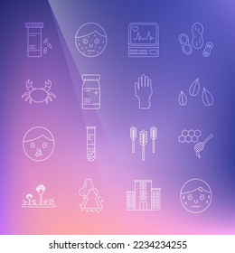 Set line Man with excessive sweating, Honeycomb honey dipper, Sesame seeds, Monitor cardiogram, Medicine bottle and pills, Crab,  and Hand psoriasis eczema icon. Vector