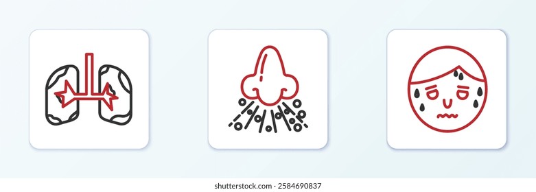 Set line Man with excessive sweating, Lungs and Runny nose icon. Vector