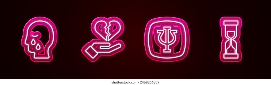 Set line Man graves funeral sorrow, Broken heart divorce, Psychology, Psi and Old hourglass. Glowing neon icon. Vector