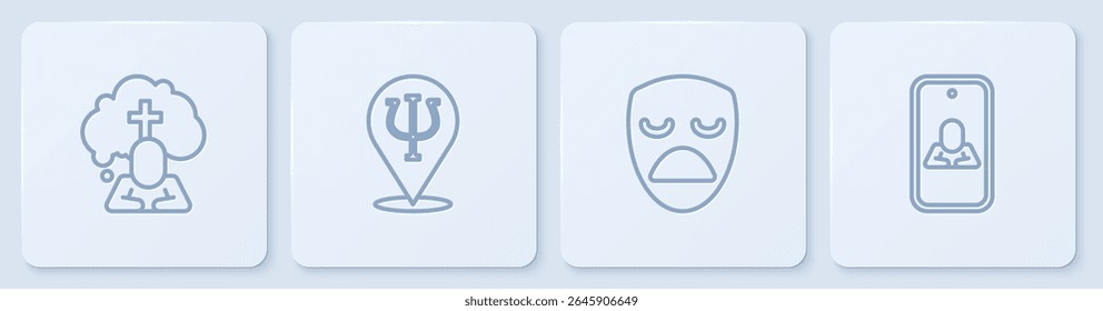 Set line Man graves funeral sorrow, Drama theatrical mask, Psychology, Psi and Psychologist online. White square button. Vector