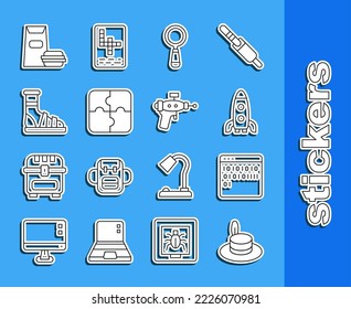 Set line Man hat, Binary code, Rocket ship, Magnifying glass, Piece of puzzle, Slippers with socks, Burger and Ray gun icon. Vector