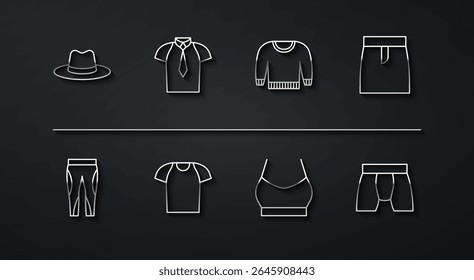 Set line Chapéu do homem, Leggings, Saia, Top colheita feminina, T-shirt, Camisa, Homens cuecas e ícone de camisola. Vetor