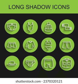 Set line Man hat, Men underpants, Cycling shorts, Shirt, Sweater, Short and Swimsuit icon. Vector