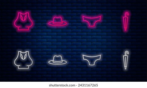 Set line Man hat, Men underpants, Undershirt and Umbrella. Glowing neon icon on brick wall. Vector