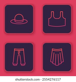 Set line Man hat, Pants, Undershirt and Skirt. Blue square button. Vector