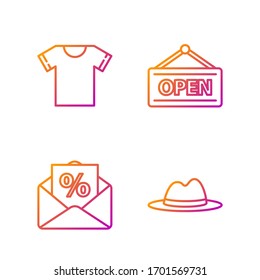 Fije el sombrero Man con cinta, sobre con descuento de interés, pantalones T y señal de colgar con Open. Iconos de color degradado. Vector