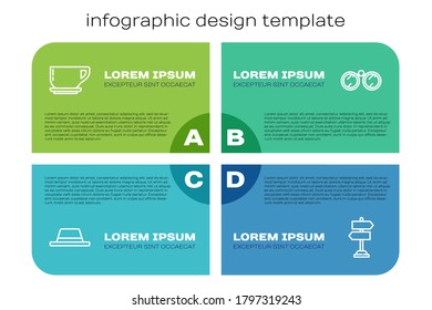 Set line Man hat with ribbon, Coffee cup, Road traffic sign and Binoculars. Business infographic template. Vector