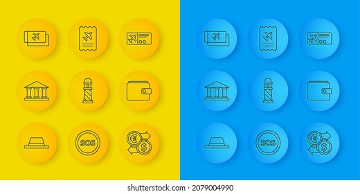 Ponga en línea sombrero de hombre con cinta de correr, edificio de museos, faro, intercambio de dinero, billetera, billete de avión e ícono. Vector