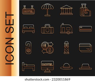 Set line Man hat with ribbon, Credit card, Air conditioner, Museum building, Suitcase, Big bed, Signboard text Hotel and Rv Camping trailer icon. Vector