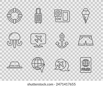 Set line Sombrero de hombre con cinta, pasaporte, cámara de fotos, avión volador de globo, Lifebuoy, avión de burbuja de habla, e icono de baúles de natación. Vector