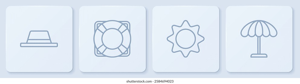 Set line Man hat with ribbon, Sun, Lifebuoy and protective umbrella for beach. White square button. Vector