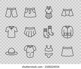 Set line Man hat, Skirt, Undershirt, T-shirt, Short or pants, Swimsuit and Sweater icon. Vector