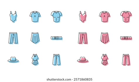 Set line Man hat, Undershirt, Swimsuit, Pants, Skirt, Belt,  and T-shirt icon. Vector