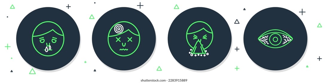 Set line Man having headache, Handkerchief to his runny nose, Runny and Reddish eye allergic conjunctivitis icon. Vector