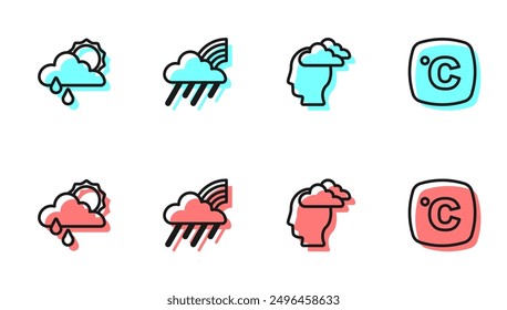 Hombre que tiene dolor de cabeza, nube con la lluvia y el sol, nube del arco iris e icono del Celsius. Vector