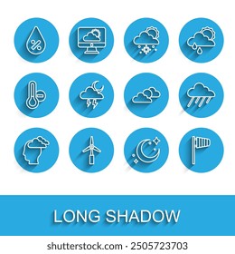 Hombre con dolor de cabeza, turbina de viento, porcentaje de caída de agua, luna y estrellas, veleta de viento de cono, tormenta, nube con lluvia e ícono de Clima de nubes solares. Vector
