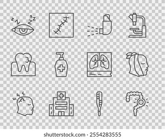 Set line Man having headache, Gut constipation, Inhaler, Medical hospital building, Insomnia, Liquid antibacterial soap, thermometer and Toothache icon. Vector