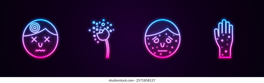 Set line Man having headache, Flower producing pollen, Face with psoriasis or eczema and Hand. Glowing neon icon. Vector