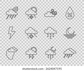 Set line Man having headache, Cloud with rain, Windy weather, Storm, Rainbow cloud and, snow, moon and Sunset icon. Vector