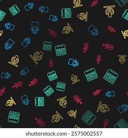 Set line Man in headphones, Home stereo with speakers, Microphone and Electric bass guitar on seamless pattern. Vector