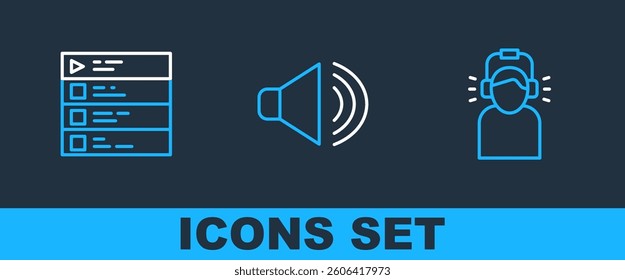 Set line Man in headphones, Music playlist and Speaker volume icon. Vector