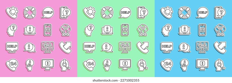 Set line Man with a headset, Telephone 24 hours support, Speech bubble chat, text Help, Laptop information, Head question mark,  and  icon. Vector